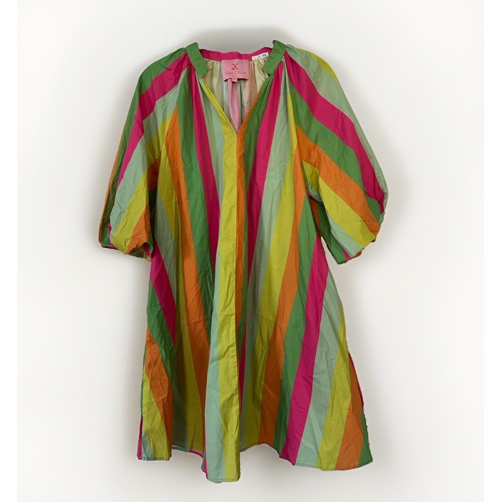 Quiet Culture Cabana Stripe Caftan Women M/L Pink Plaid Ruffle Neck Puff Sleeve